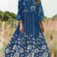 Retro Boho kwiatowy nadruk Vintage chic okrągły dekolt Bawełniana sukienka midi z długim rękawem