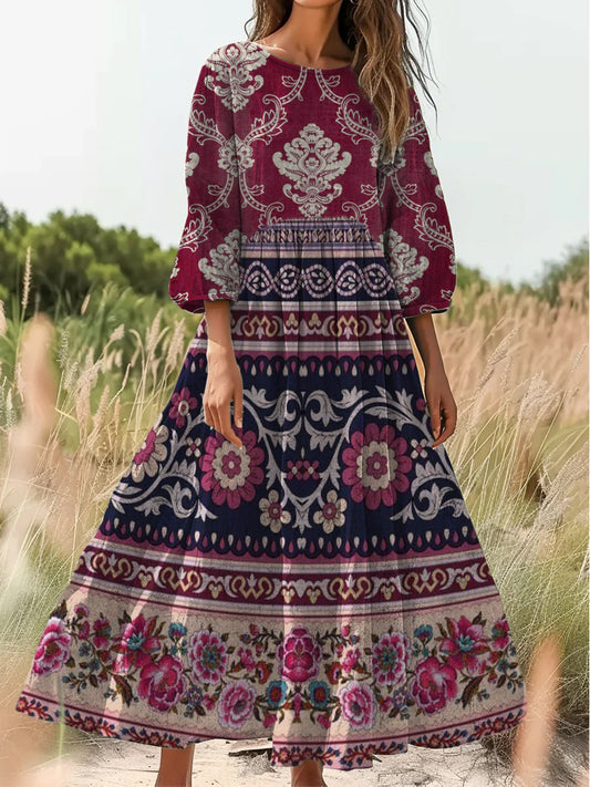 Retro Boho kwiatowy nadruk Vintage chic okrągły dekolt Bawełniana sukienka midi z długim rękawem