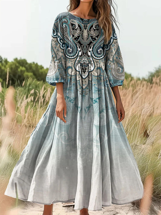 Retro Boho kwiatowy nadruk Vintage chic okrągły dekolt Bawełniana sukienka midi z długim rękawem