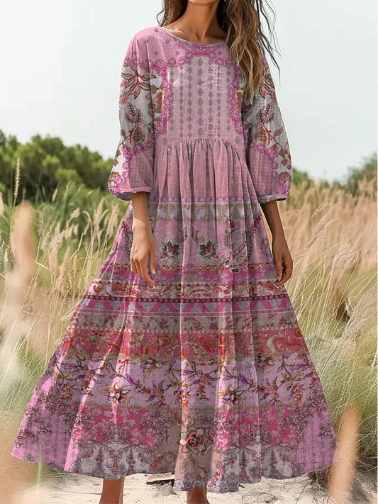 Retro Boho kwiatowy nadruk Vintage chic okrągły dekolt Bawełniana sukienka midi z długim rękawem