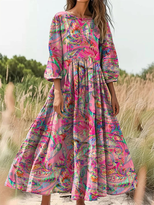 Retro Boho kwiatowy nadruk Vintage chic okrągły dekolt Bawełniana sukienka midi z długim rękawem