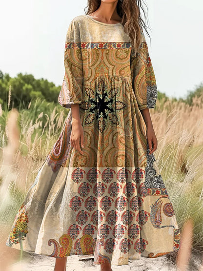 Retro Boho kwiatowy nadruk Vintage chic okrągły dekolt Bawełniana sukienka midi z długim rękawem