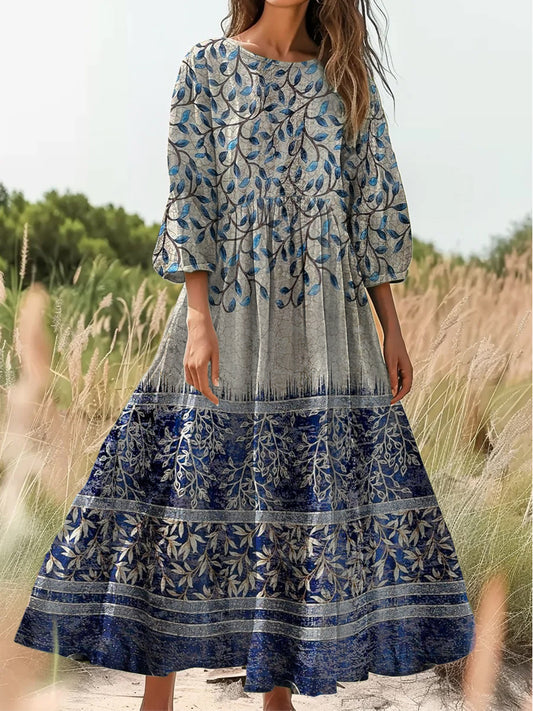 Retro Boho kwiatowy nadruk Vintage chic okrągły dekolt Bawełniana sukienka midi z długim rękawem