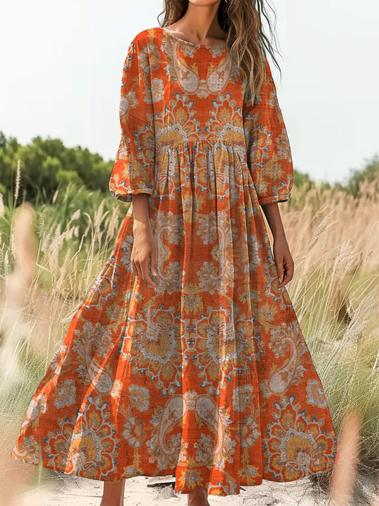 Retro Boho kwiatowy nadruk Vintage chic okrągły dekolt Bawełniana sukienka midi z długim rękawem