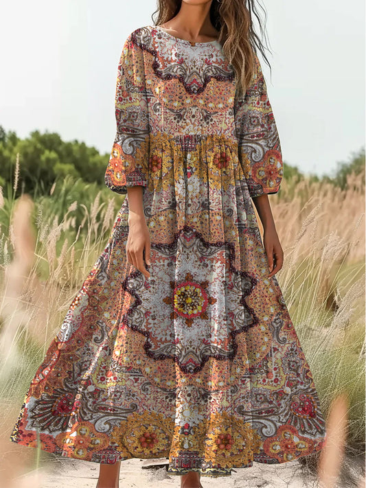 Retro Boho kwiatowy nadruk Vintage chic okrągły dekolt Bawełniana sukienka midi z długim rękawem