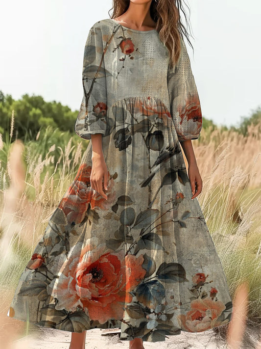 Retro Boho kwiatowy nadruk Vintage chic okrągły dekolt Bawełniana sukienka midi z długim rękawem