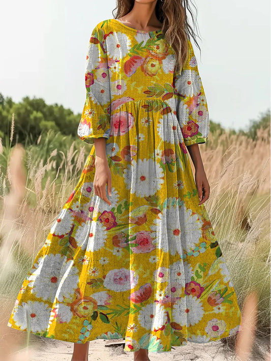 Retro Boho kwiatowy nadruk Vintage chic okrągły dekolt Bawełniana sukienka midi z długim rękawem