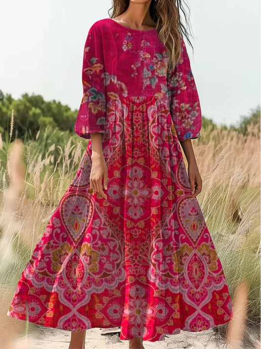 Retro Boho kwiatowy nadruk Vintage chic okrągły dekolt Bawełniana sukienka midi z długim rękawem