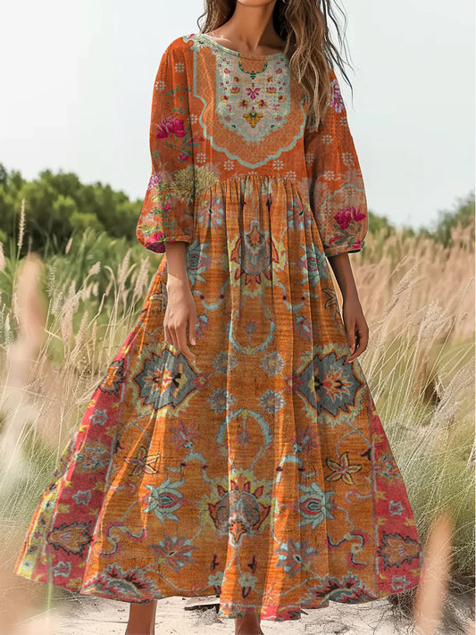 Retro Boho kwiatowy nadruk Vintage chic okrągły dekolt Bawełniana sukienka midi z długim rękawem