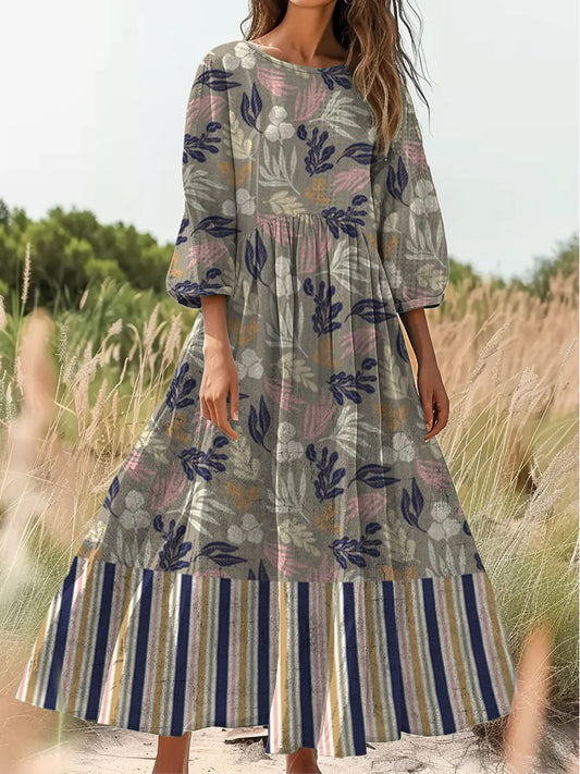 Retro Boho kwiatowy nadruk Vintage chic okrągły dekolt Bawełniana sukienka midi z długim rękawem