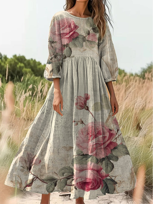 Retro Boho kwiatowy nadruk Vintage chic okrągły dekolt Bawełniana sukienka midi z długim rękawem