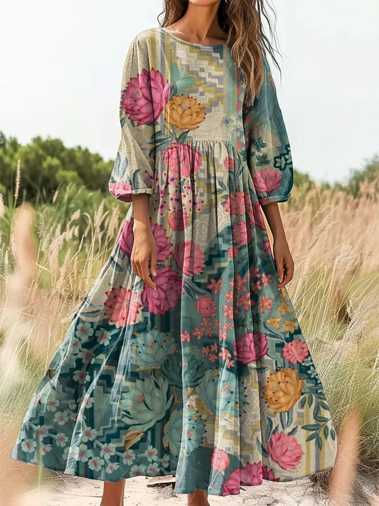 Retro Boho kwiatowy nadruk Vintage chic okrągły dekolt Bawełniana sukienka midi z długim rękawem
