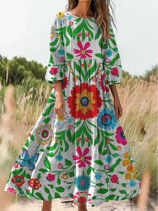 Retro Boho kwiatowy nadruk Vintage chic okrągły dekolt Bawełniana sukienka midi z długim rękawem
