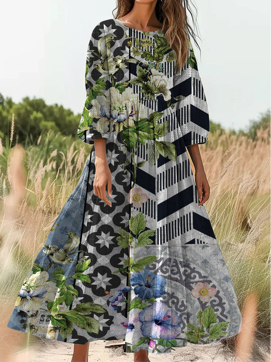 Retro Boho kwiatowy nadruk Vintage chic okrągły dekolt Bawełniana sukienka midi z długim rękawem