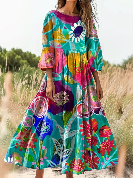 Retro Boho kwiatowy nadruk Vintage chic okrągły dekolt Bawełniana sukienka midi z długim rękawem