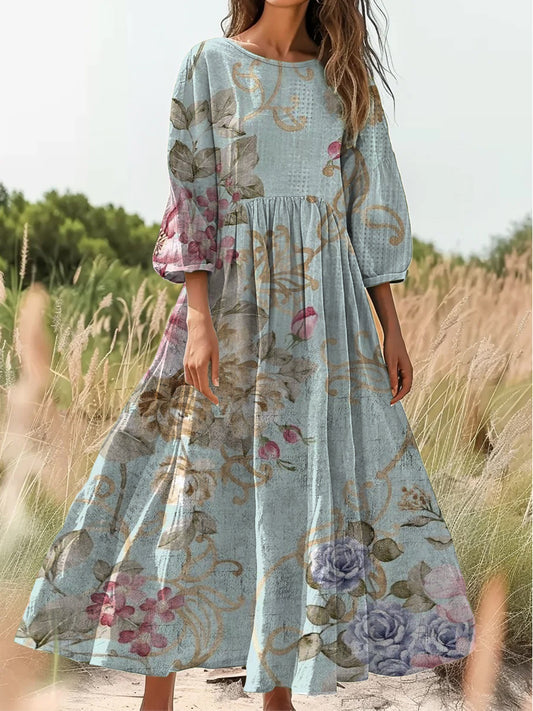 Retro Boho kwiatowy nadruk Vintage chic okrągły dekolt Bawełniana sukienka midi z długim rękawem