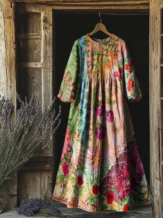 Retro Boho kwiatowy nadruk Vintage chic okrągły dekolt Bawełniana sukienka midi z długim rękawem