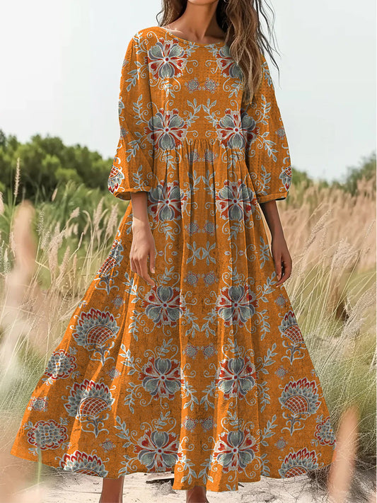 Retro Boho kwiatowy nadruk Vintage chic okrągły dekolt Bawełniana sukienka midi z długim rękawem