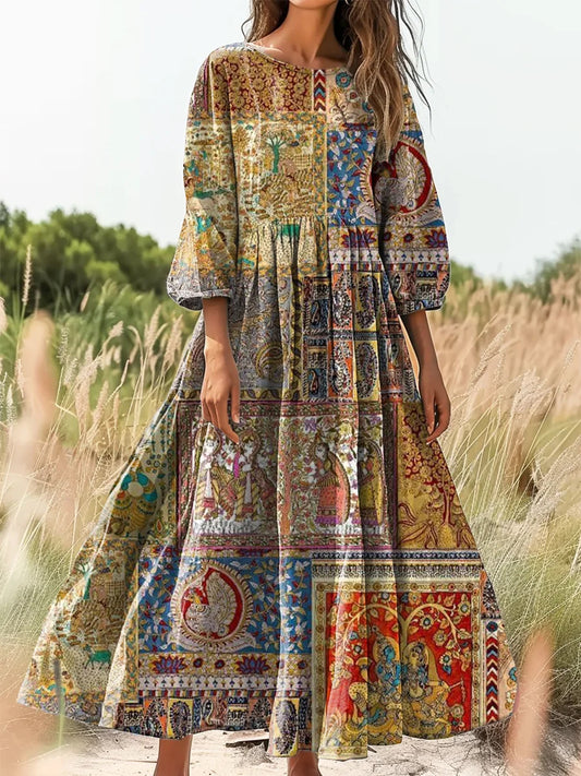 Retro Boho kwiatowy nadruk Vintage chic okrągły dekolt Bawełniana sukienka midi z długim rękawem