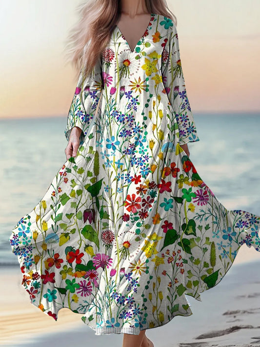 Retro boho kwiatowy nadruk w stylu vintage szyk w szpic bawełniana sukienka midi z długim rękawem