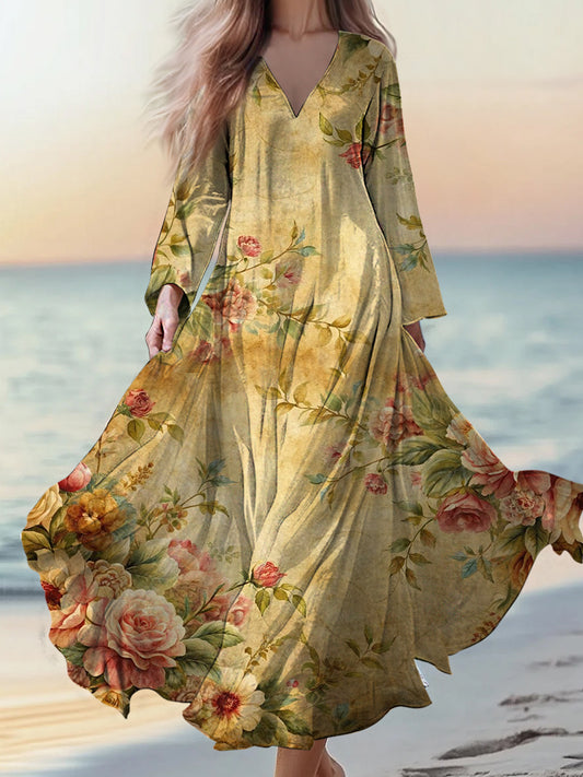 Retro boho kwiatowy nadruk w stylu vintage szyk w szpic bawełniana sukienka midi z długim rękawem