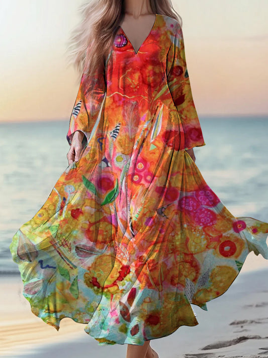 Retro boho kwiatowy nadruk w stylu vintage szyk w szpic bawełniana sukienka midi z długim rękawem