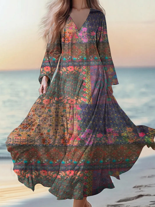 Retro boho kwiatowy nadruk w stylu vintage szyk w szpic bawełniana sukienka midi z długim rękawem