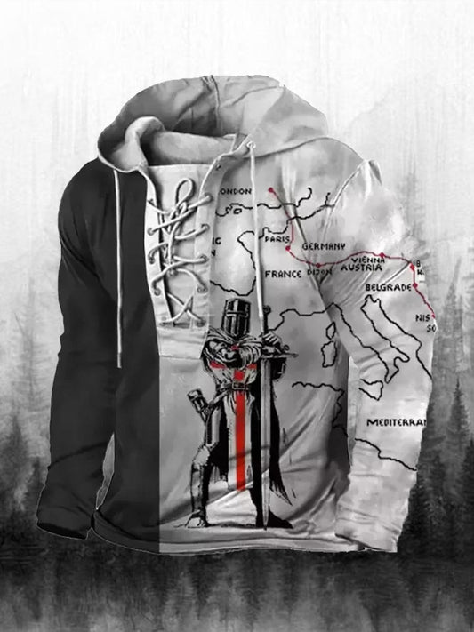 Męska bluza z kapturem z długim rękawem w stylu retro