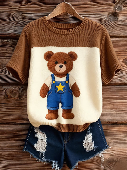 Damski artystyczny nadruk zwierzęcy wygodny top z dzianiny z krótkim rękawem