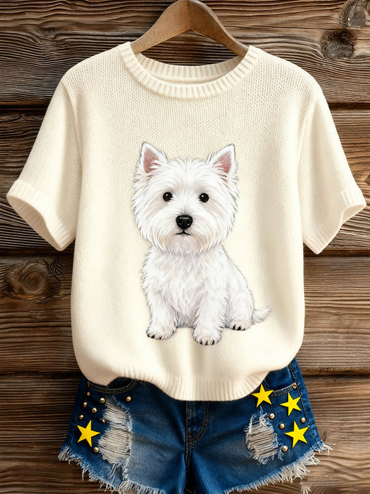 Damski artystyczny nadruk zwierzęcy wygodny top z dzianiny z krótkim rękawem