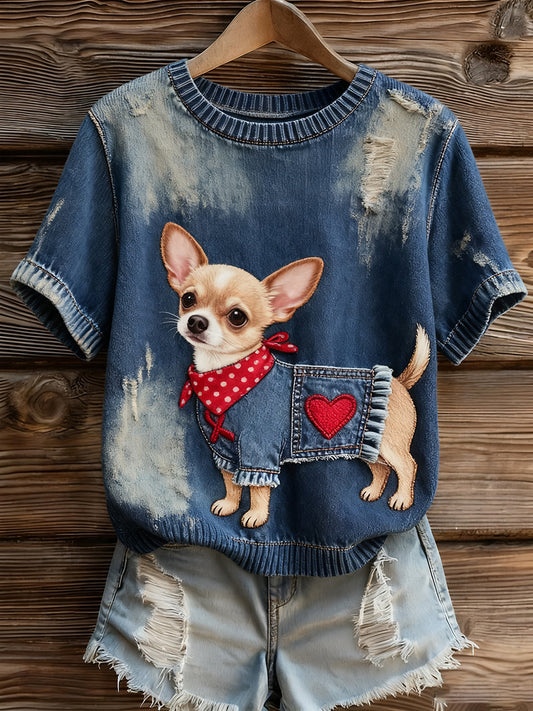 Damski artystyczny nadruk zwierzęcy wygodny top z dzianiny z krótkim rękawem