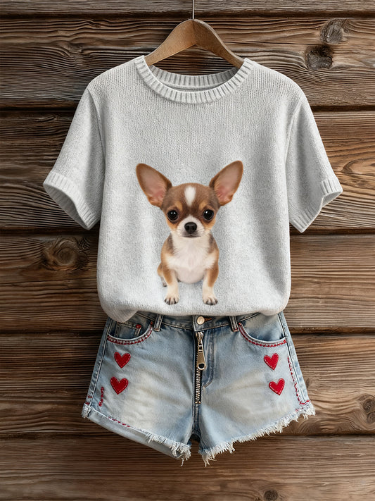 Damski artystyczny nadruk zwierzęcy wygodny top z dzianiny z krótkim rękawem