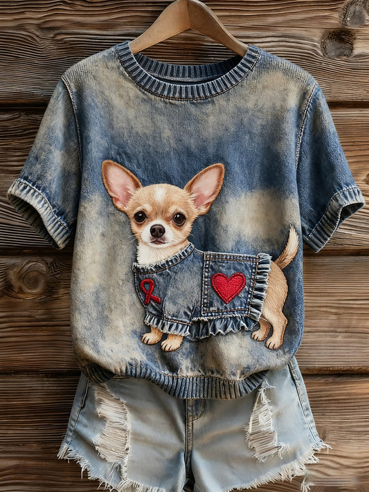 Damski artystyczny nadruk zwierzęcy wygodny top z dzianiny z krótkim rękawem