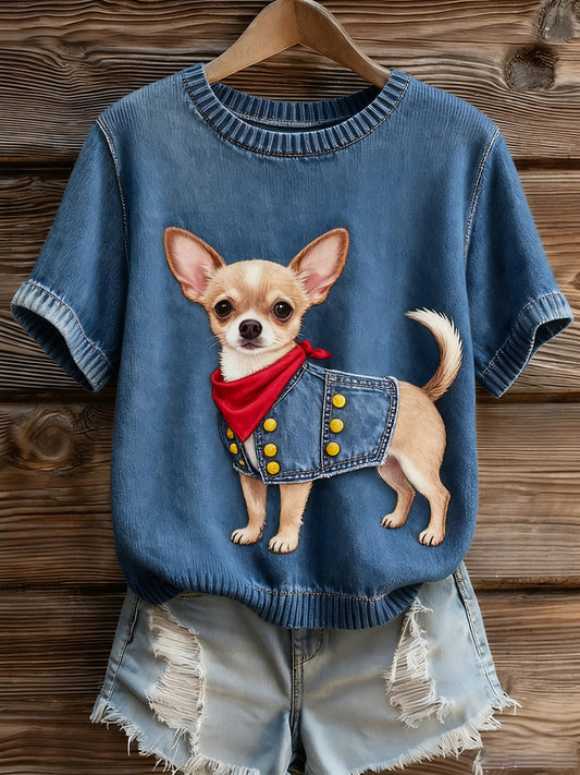 Damski artystyczny nadruk zwierzęcy wygodny top z dzianiny z krótkim rękawem