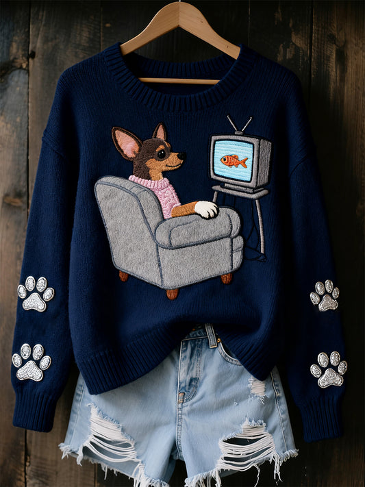 Damski Vintage Art Animal Print Przytulny sweter z dzianiny