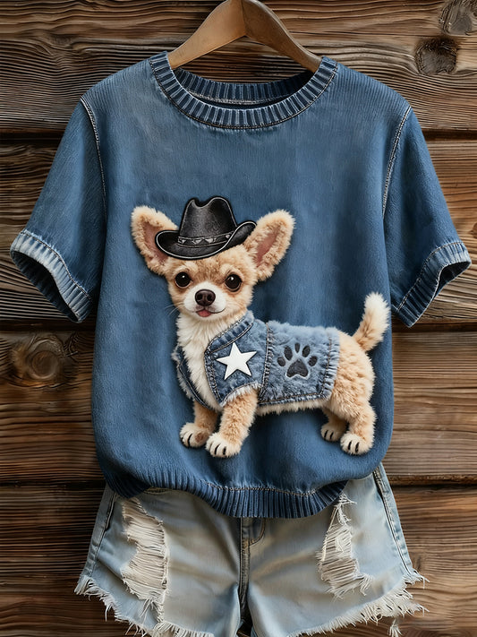 Damski artystyczny nadruk zwierzęcy wygodny top z dzianiny z krótkim rękawem