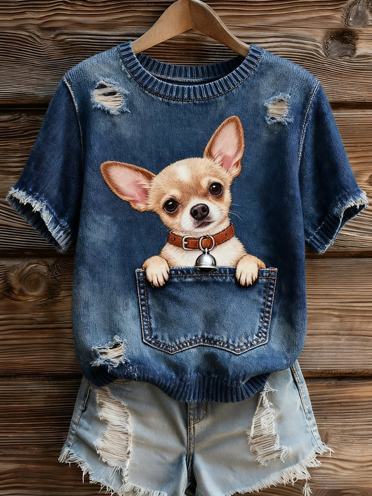 Damski artystyczny nadruk zwierzęcy wygodny top z dzianiny z krótkim rękawem