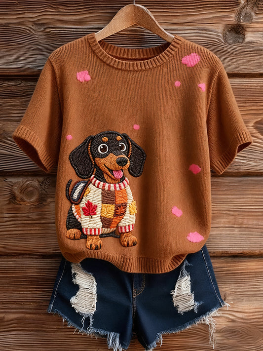 Damski artystyczny nadruk zwierzęcy wygodny top z dzianiny z krótkim rękawem