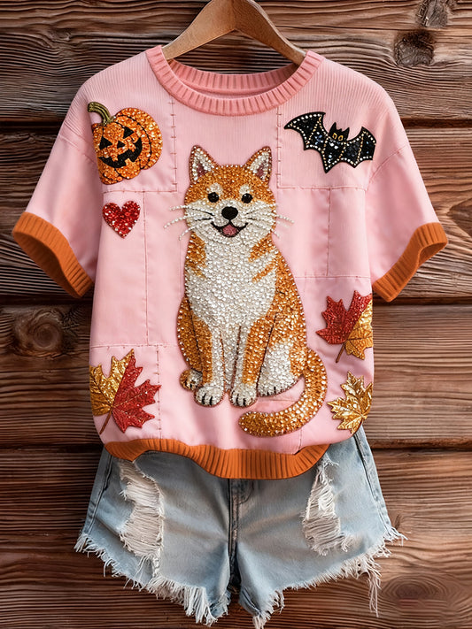 Damski artystyczny nadruk zwierzęcy wygodny top z dzianiny z krótkim rękawem