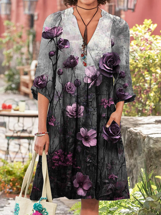 Retro Boho w kwiatowy wzór w stylu vintage chic z dekoltem w szpic bawełniana sukienka midi z długim rękawem