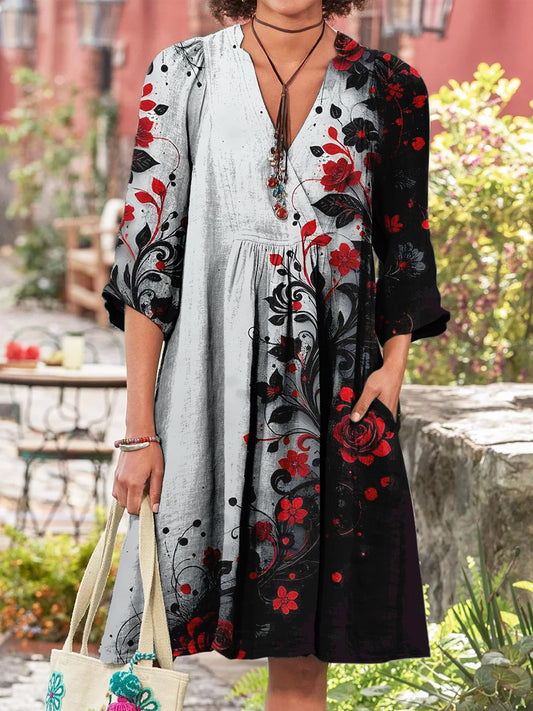 Retro Boho w kwiatowy wzór w stylu vintage chic z dekoltem w szpic bawełniana sukienka midi z długim rękawem