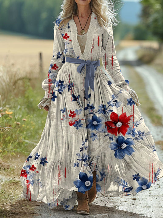 Retro boho kwiatowy nadruk w stylu vintage szykowny pasek z dekoltem w szpic bawełniana sukienka midi z długim rękawem