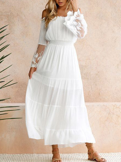 Damska biała koronkowa, jednoczęściowa sukienka z kołnierzykiem w stylu vintage