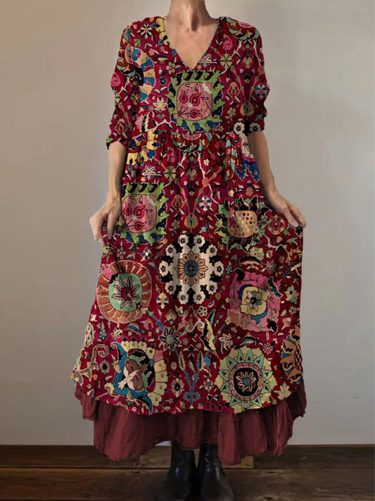 Retro Boho kwiatowy nadruk Vintage dekolt w szpic z podwójnym półrzędem bawełniana sukienka midi z długim rękawem