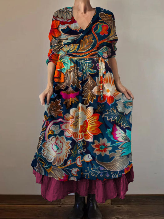 Retro Boho kwiatowy wzór etniczny Vintage dekolt w szpic z podwójnym oborkiem bawełniana sukienka midi z długim rękawem