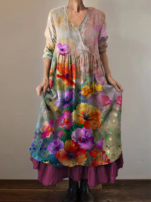 Retro Boho kwiatowy nadruk Vintage dekolt w szpic z podwójnym półrzędem bawełniana sukienka midi z długim rękawem