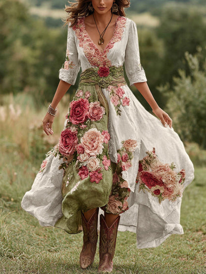 Damska sukienka midi w kwiaty w stylu vintage