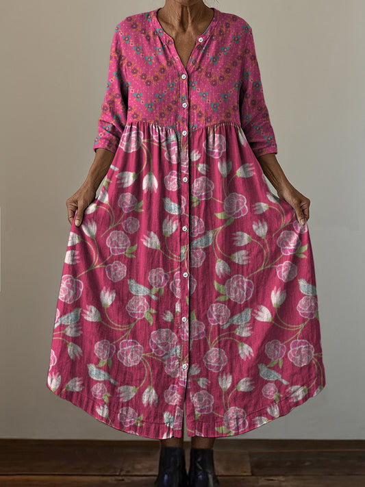 Retro Boho kwiatowy nadruk w stylu vintage szyk z dekoltem w szpic z długim rękawem sukienka midi