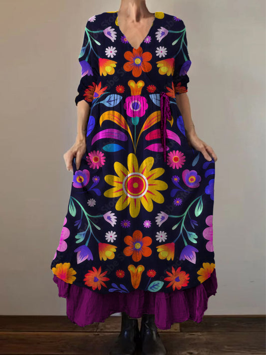 Retro Boho kwiatowy wzór etniczny Vintage dekolt w szpic z podwójnym oborkiem bawełniana sukienka midi z długim rękawem