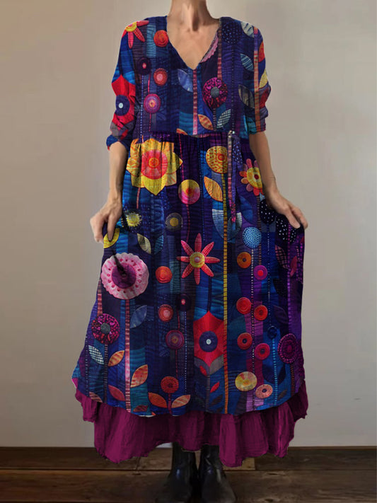 Retro Boho kwiatowy nadruk Vintage dekolt w szpic z podwójnym półrzędem bawełniana sukienka midi z długim rękawem